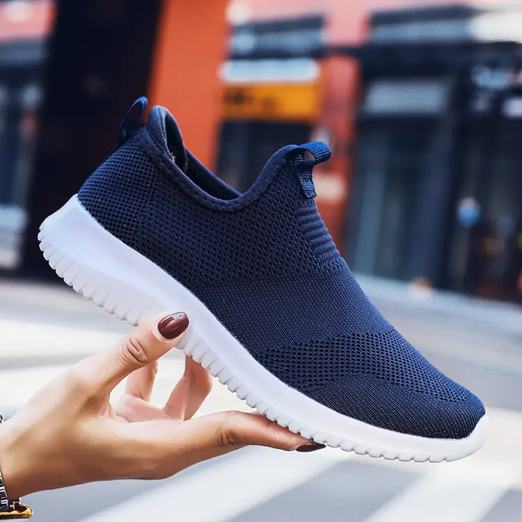 Customized Logo Breathable Soft Knitting Fabric Wear Sneaker Lady Comfortable Slip On Shoes Mens Low Cost